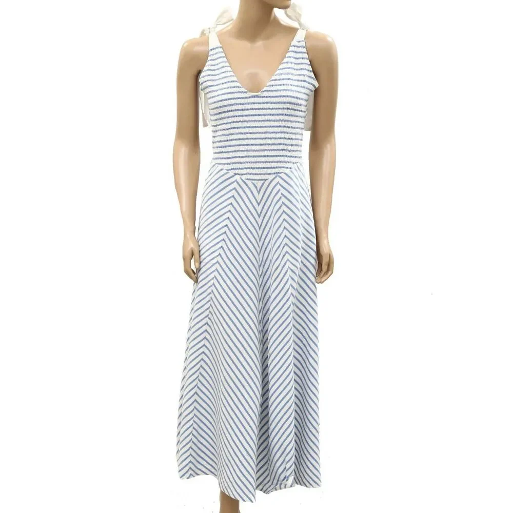 Free People Free-est Cecelia Midi Dress Striped Printed Smocked Cotton XS 287156